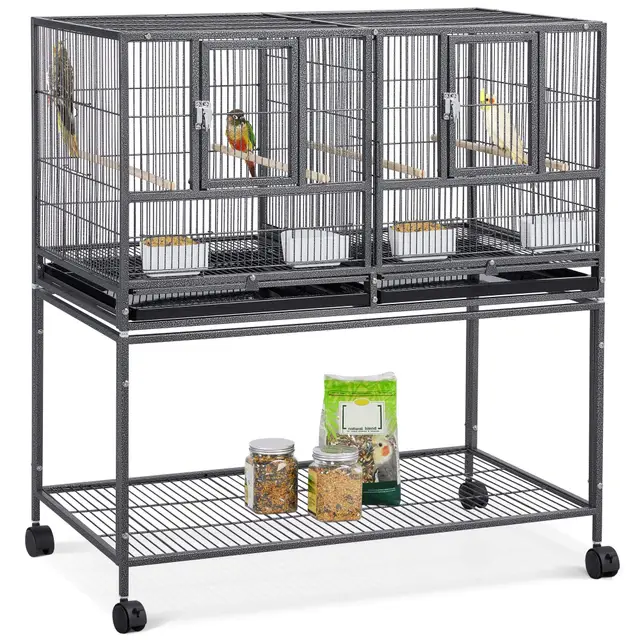 Yaheetech Cage d'elevage pour Oiseaux avec Deux Espaces Divisés Cage pour Petit Oiseaux Exotiques Canaris Madarin Perruche avec Mangeoires Perchoirs 2 Portes Support Roulant 95 x 45 x 105 cm