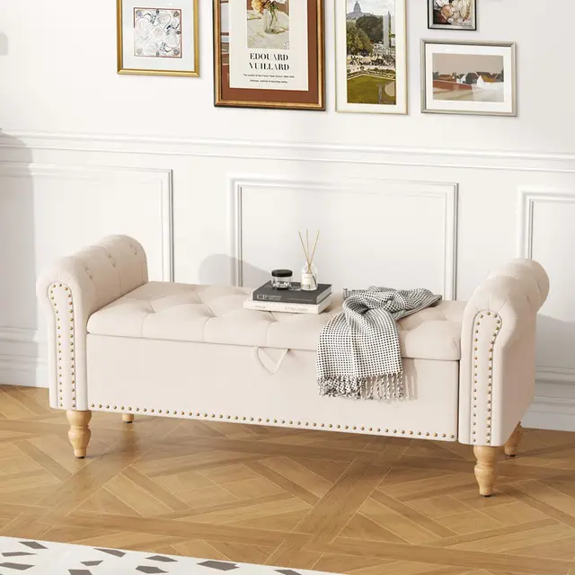 Banc de Rangement Salon, Lit Banquette Ottomane Bout de Lit Boîte de Rangement Banquette Tapissé Banc de Chaussures avec Accoudoirs pour Chambre à Coucher Salon Couloir, Lin, Beige