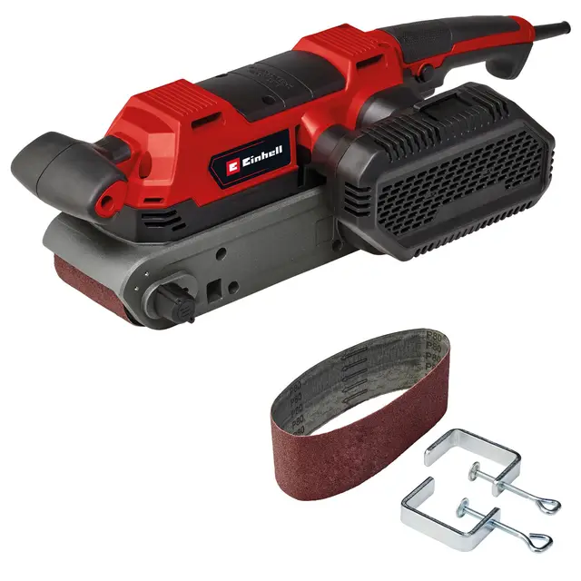 Einhell Ponceuse à bande TE-BS 850 E (850 W, vitesse 400 m/min, réglage fin de la course de la bande, système d’aspiration des poussières, permet aussi un usage stationnaire, avec accessoires)