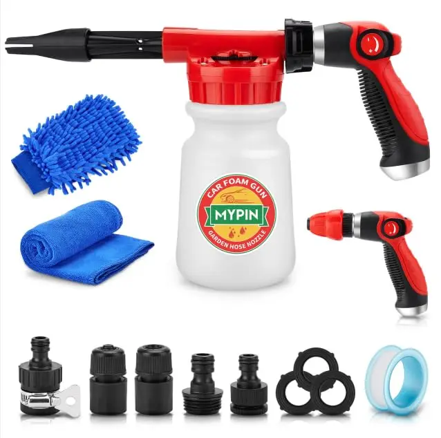 Pistolet à Mousse 16 en 1, Cannon à Mousse Voiture avec 2,5 à 6 barres de mousse pour le nettoyage de voiture et le jardinage avec connecteur rapide 1/2" pour tuyau de jardin