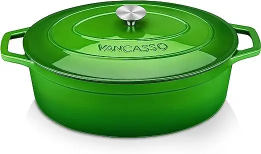 vancasso Cocotte Ovale en Fonte Émaillée 8L, 37cm, x13cm, 8.15kg, Marmite avec Couvercle Pour Tous Feux dont Induction Vert