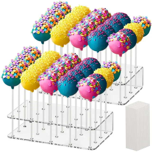 OTYMIOW Supports à Sucettes Transparents 2PCS Présentoir à Sucettes en Acrylique avec 100 Bâtonnets pour Cake Pops Base Transparente à 20 Trous Présentoir à Sucettes pour Baby Shower Mariage Fête