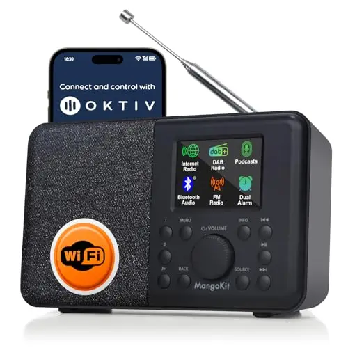 SR10 Radio Internet avec Dab/Dab+,Radio WiFi avec Lecteur de Podcasts,Dab Intelligente avec Bluetooth,FM,de Cuisine avec Alimentation et Batterie,Double Alarme,Support de Présélection-Noir