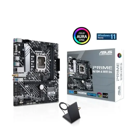 ASUS PRIME H610M-A WIFI D4 – Carte mère Intel H610 LGA 1700 mic-ATX (PCIe 4.0, DDR4, 2 x M.2, Intel 1 Gb Ethernet, WIFI 5, DisplayPort, HDMI, D-Sub, ports USB 3.2 Gen 2, SATA 6 Gb/s, Aura Sync RGB)