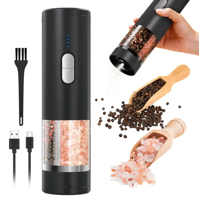 Lot de à poivre et sel électriques 2 en 1 (rechargeable par USB), moulin automatique à sel et à poivre avec éclairage LED, fonctionnement à une main, grossier réglable