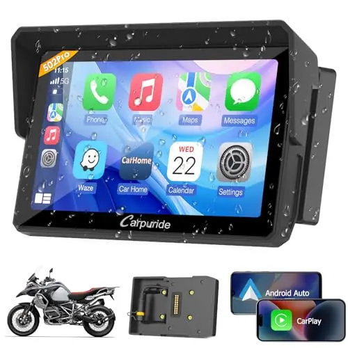 Carpuride W502PRO B pour Moto B.-M-.W CarPlay & Android Auto & Dual Bluetooth, Navigation étanche 5 Pouces pour Moto, Partage de Musique, Interphone, EQ, Capteur de Lumière, Boussole, Baromètre