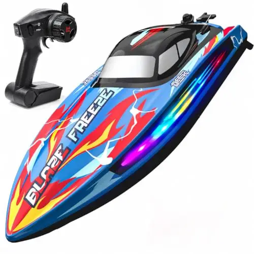 DEERC Bateau télécommandé Rapide pour Piscine et lac avec éclairage LED, 20+MPH, 40+ Mins, Bateau de Course télécommandé à redressement Automatique pour Enfants, Jouet Aquatique d'été 2,4 GHz