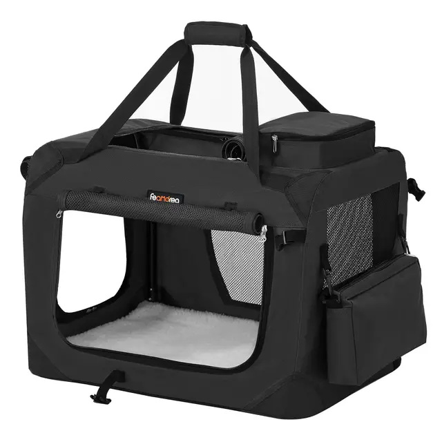 Feandrea Sac Transport Chat Chien, Caisse Pliable Animaux de Companie, Taille M, Tissu Oxford, Filet, Respirant, Portable, Cadre en Métal, avec Poignées et Pochettes, 60 x 42 x 42 cm, Noir