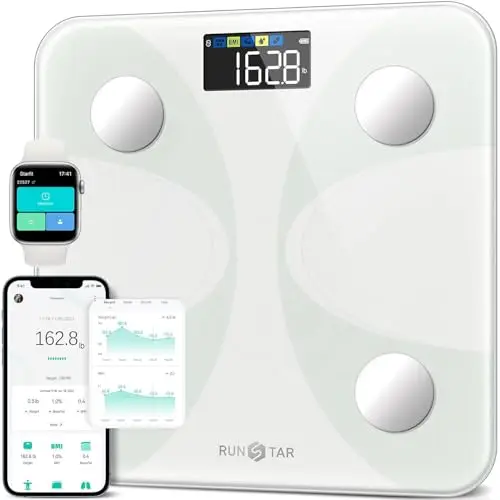 RunSTAR Balance pese Personnes pour poids et masse grasse, Précise avec grand écran, 13 Données corporelles, Appli connectée, Admissible, Blanc