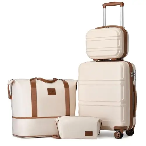 Kono Set de 4 Valises de Voyage Rigide Bagage Cabine 55cm avec Portable Vanity Case et Pliable Sac de Voyage pour Sport avec Trousse de Maquillage, Blanc/Marron