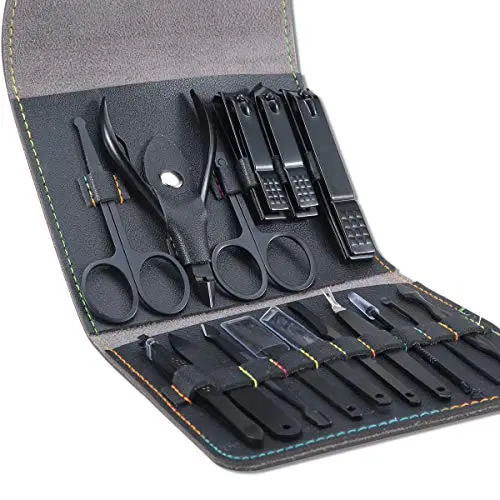 Kit Manucre Pedicure - Coupe Ongle Professionnel Coupe Cuticule Acier Inoxydable - Trousse Manucure Pedicure Set de 16pcs avec Exquis La Boîte (Noir)