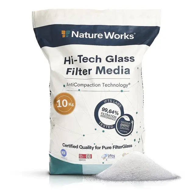 NATURE WORKS Sable Filtrant pour Piscine avec Un Pouvoir Filtrant de 99,64%, Réduit la Consommation d'eau et d'Énergie, Fabriqué avec du Verre Technique pour Une Hygiène Maximale - Sac 10kg