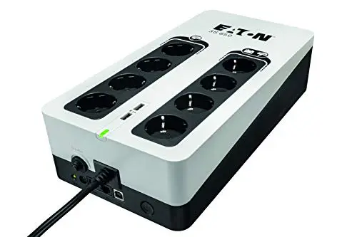 Eaton - Onduleur Parafoudre 3S 850 DIN - Off-line UPS - Alimentation Sans Interruption - Puissance 850VA (8 prises DIN, Silencieux, 2 ports de charge USB Type-A) - Interface USB - Noir&Blanc