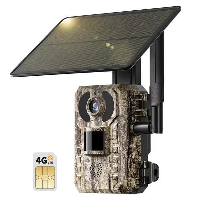Pack de 1 caméra de chasse 4G LTE solaire avec carte SIM, caméra photo piégeage 2K sans WiFi, vision nocturne infrarouge 850 nm, PIR 0,2s, application à distance, grand angle 120°, IP65 étanche