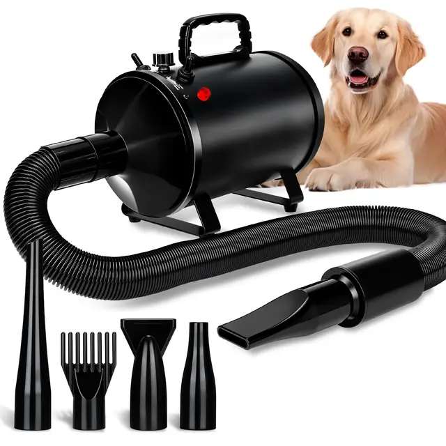 Sèche-Cheveux pour Chien 4,3CV/3200W avec 3 Niveaux de Température, Débit d’Air Réglable en Continu et 5 Buses – Séchoir Professionnel pour Toilettage d’Animaux