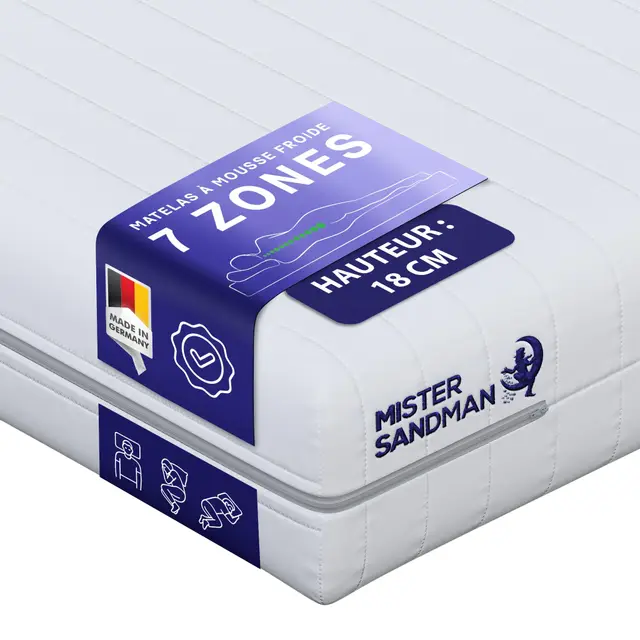 Mister Sandman Matelas en Mousse 7 Zones 140x190 cm, 18 cm, Soutien Ferme, Réversible, Housse Lavable, Certifié Oeko-TEX, Fabriqué en Allemagne