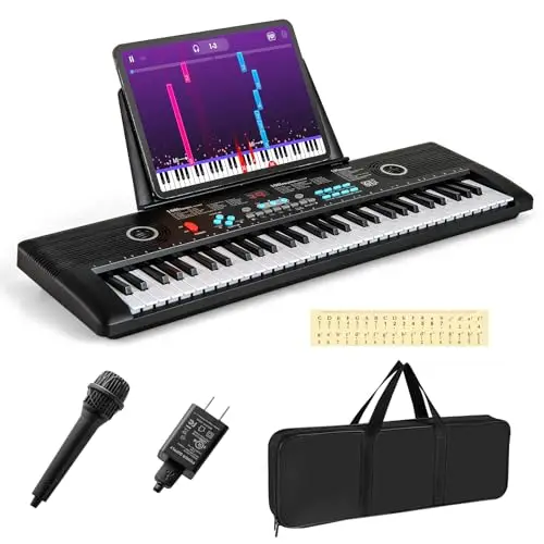 KOMFOTTEU Piano Numérique 61 Touches avec Microphone, Clavier de Piano Électroniques, 100 Rythmes & Sonorités, 10 Morceaux de démonstration, Piano Numérique avec Sac de Rangement (Noir)