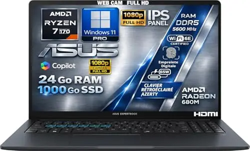 ASUS Ordinateur Portable AMD Ryzen 7 170 4.75Ghz, RAM 24Go DDR5, SSD 1To, Écran 15.6" FHD IPS, WiFi6E, CAM 1080p, Port Ethernet, Copilot IA, Clavier AZERTY Rétroéclairé, Empreinte Digitale, Win11 Pro