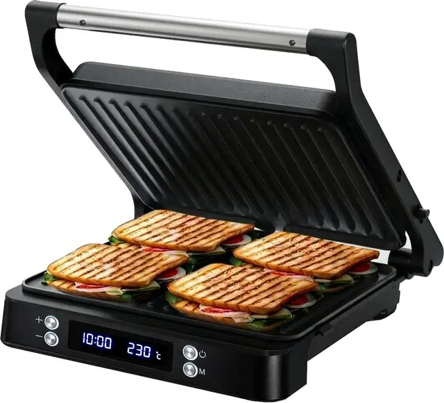 Olvy Appareil à croque-monsieur XL - Panini - Fonction minuterie - Contrôle de la température - Pour 4 sandwichs - Appareil à croque-monsieur - Sans PFAS - Grill à fer - Barbecue à contact - Appareils