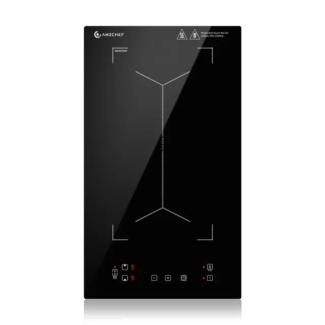 AMZCHEF Plaque à induction avec zones flexibles, plaque de cuisson 2 feux,9 niveaux de puissance, chauffage intermittent, panneau au design tendance, sécurité enfant et minuterie, 3300W,Noir