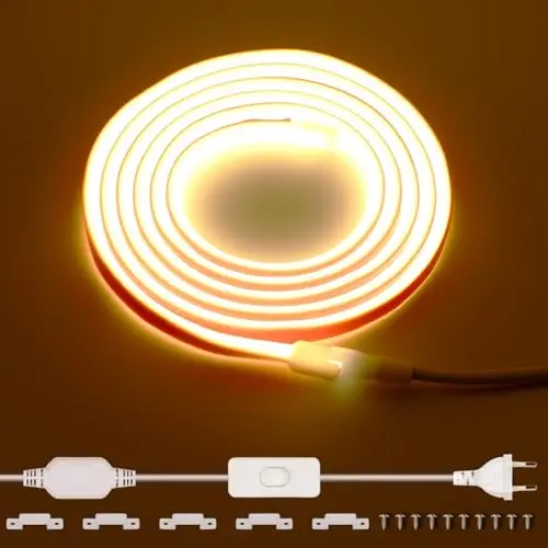 220V Ruban LED COB Exterieur Etanche 2M, 288 Leds/m Strip Blanc Chaud 3000K sans Transformateur, Flexible Découpable Bande LED avec interrupteur IP65 pour la décoration intérieure, Chambre, la cuisine