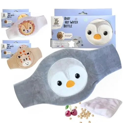 Hello Hippo - Bouillotte Noyaux de Cerise Bébé - Ceinture Chauffante Sèche Anti-Colique pour Nourrisson, Micro-Ondes ou Four, Hypoallergénique et Lavable (Pingouin)