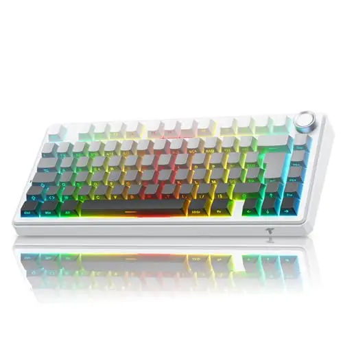 TECURS 75% Gasket Clavier Gamer sans Fil Tri Mode 2.4Ghz/BT5.0/Filaire - Clavier Mécanique Switch Rouges RGB, Hot Swap Personnalisé, Gravur Latéral, Touches PBT, Molette Knob - AZERTY FR - Windows/Mac