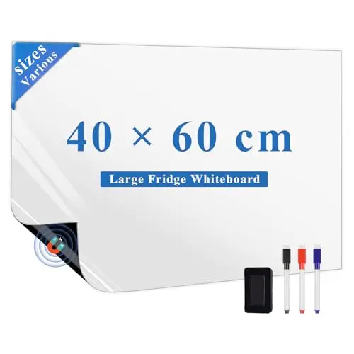 Tableau Blanc Magnetique Frigo (40 x 60 cm) - Effacable Tableau Aimanté pour Listes de Courses, Réfrigérateur, Notes, Messages, avec 3 Marqueurs + 1 Effaceu