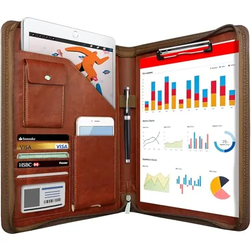 NEWYES Porte-Document En Cuir PU Avec Fermeture Éclair, Cadeaux Pour Homme Et Femme, Sac De Conférence, Agenda D'affaires, Portefeuille, Chemise De Dossiers, Marron, 33,5 * 25 * 3,5 CM