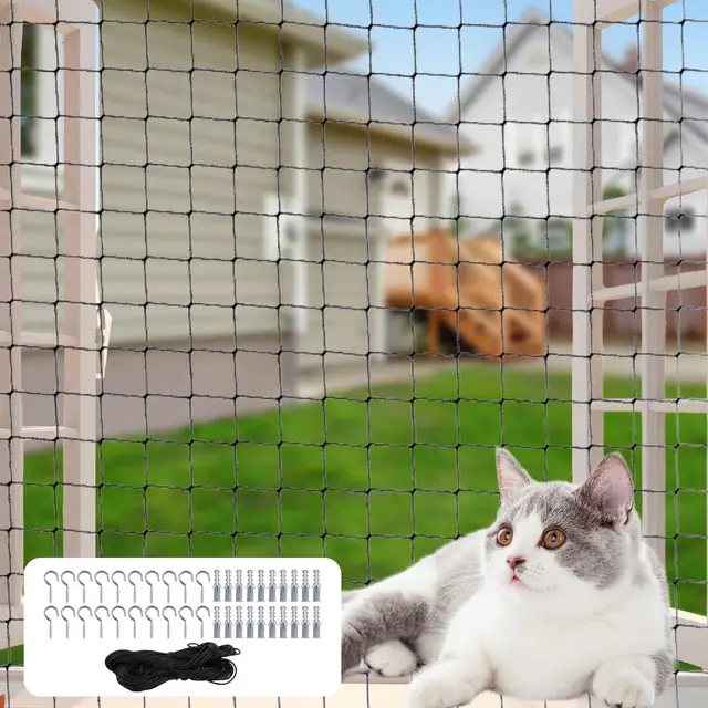 Filet de Protection Chat en Nylon 3x4m, Filet Chat Balcon noir avec crochet pour Balcons, Portes, Fenêtres, Escaliers, Découpable, Vue Dégagée, Respirant, Résistant aux intempéries, Facile à utiliser