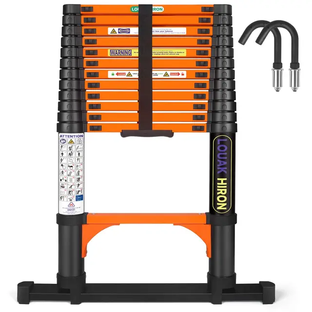 Echelle Telescopique Extensible de 3,8m Échelle Télescopique avec Barre Stabilisatrice et Crochets Amovibles Escabeau Telescopique Portable Convient aux réparations à Domicile Charge 150 KG