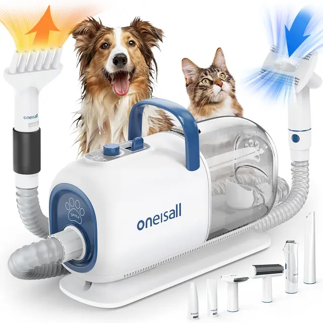 oneisall Tondeuse pour Chiens avec Aspirateur-Sécheur, 2.5L, Aspiration 12000Pa, 7 Niveaux de Température, Tondeuse Chien Chat Silencieuse, kit Professionnel de Toilettage pour Animaux avec 8 Outils
