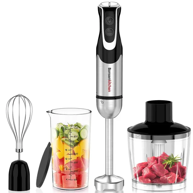 Bonsenkitchen Mixeur Plongeant 4-en-1, 1000W Inox avec 12 Vitesses et Fonction Turbo, Fouet, Verre Doseur 700ml, Hachoir – Idéal pour Aliments Bébé, Soupes & Smoothies