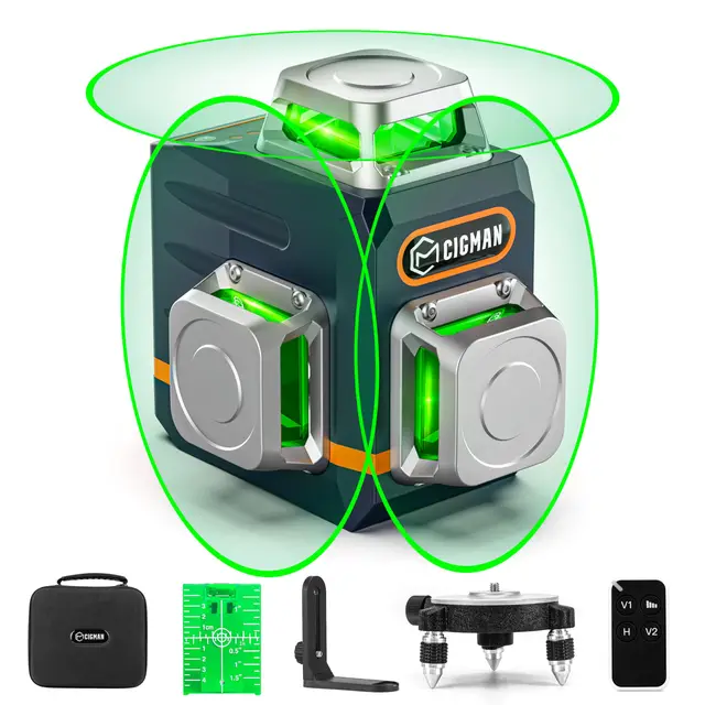 CIGMAN Niveau laser vert 3x360°, laser de chantier à nivellement automatique, distance 30m, 9 hours batterie Li-Ion, avec télécommande, support magnétique, trépied pivotant, sac de transport antichute