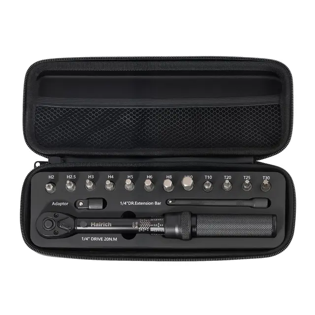 Hairich Clé Dynamométrique Vélo & Moto 1/4" 2–20 Nm, Coffret Complet 15 Pièces avec Embouts Hex et Torx, Rallonge – Clé de Couple/Torque Wrench pour Vélo de Route