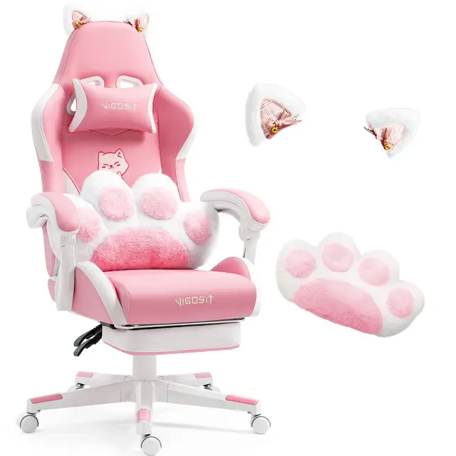 Vigosit Chaise de jeu PC mignonne, ergonomique, avec coussin lombaire et oreilles de chat, repose-pieds réglable, pour filles, adolescentes, enfants, rose