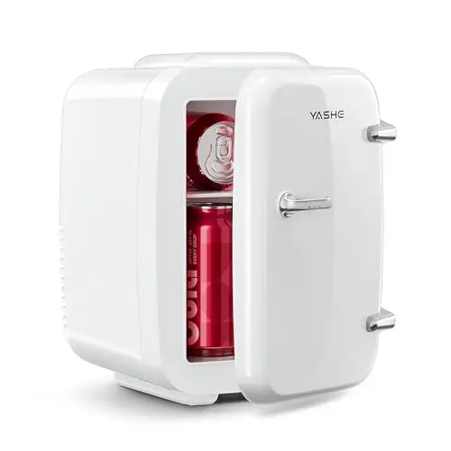 YASHE Mini Frigo de Chambre 4L/6 Canettes, Mini Réfrigérateur Voiture 220V CA/12V CC, Petit Frigo Thermoélectrique Chaud/Froid pour Boissons, Cosmétiques, Soins de la Peau, Bureau, Dortoir, Blanc