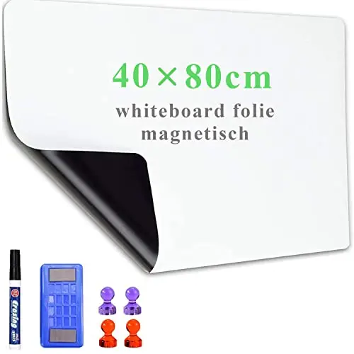 Papier Tableau Blanc Magnétique, 40×80cm Adhesif Tableau Blanc Effacable Autocollant, Avec Marqueur et Effaceur Magnétique, Tableau Aimanté Mural Film pour surfaces lisses, Pour l'école