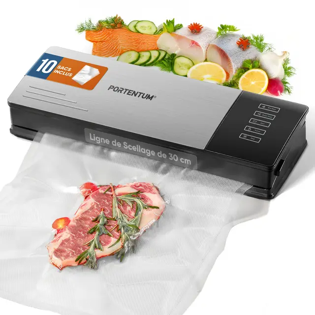 PORTENTUM Machine sous vide alimentaire avec 10 sachets offerts – Appareil de mise sous vide domestique – Soudeuse alimentaire à aspiration puissante avec finition en acier inoxydable