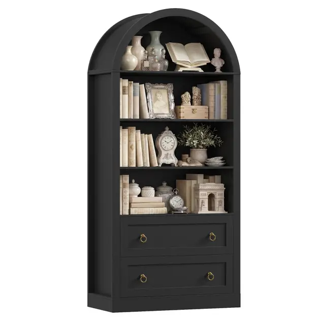 FirFurd Bibliothèque en Arc 4 Étagères 2 Tiroirs Noir 177 cm