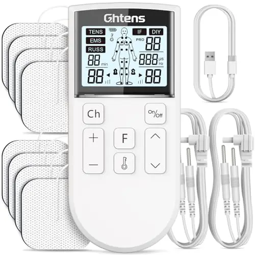 GHTENS Électrostimulateur Musculaire 5 en 1: TENS/EMS/If/Russ/DIY, Appareil de Stimulation Électrique Rechargeable, 80 Programmes, 2 Canaux, 8 Électrodes