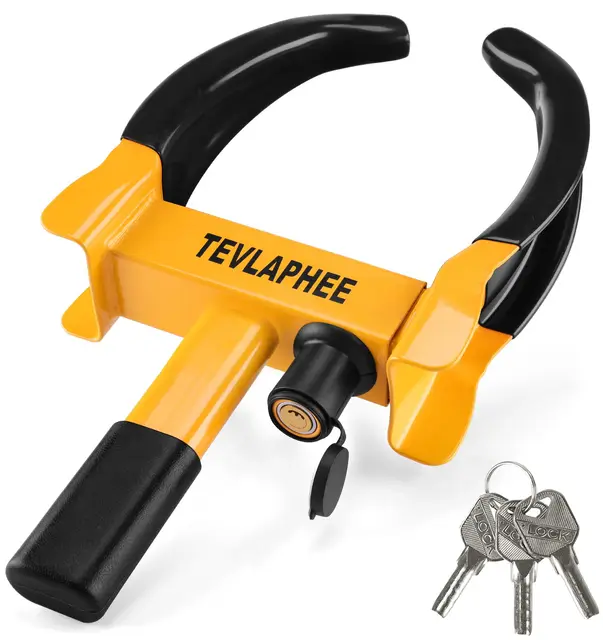 Tevlaphee Antivol Voiture Sabot Roue, Griffe de Pneu, Antivol de Voiture Bloque, Roue Sécurité Antidémarrage, Universelle, Réglable, Serrure Anti-perçage, 3 Clés(Noir & Jaune)