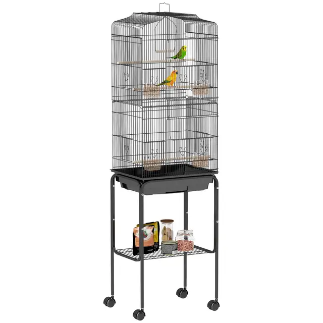PawHut Cage à Oiseaux sur Pied volière Oiseaux sur roulettes avec Toit ouvrant 3 perchoirs étagère inférieure 46,5 x 36 x 157 cm