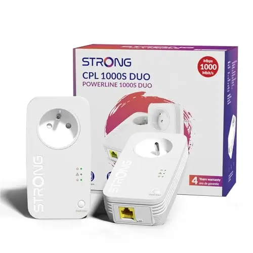 Strong CPL AV1000 Mbps, Prise Intégrée, Box CPL HomePlug AV2, Port Ethernet Gigabit, Plug & Play, Compatible avec Toutes Les Box, Mode économie d’énergie, Sécurité à Une Touche, Kit de 2 (PL1000S)