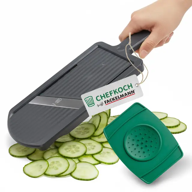Chefkoch Coupe-légumes avec support pour restes et lames en acier inoxydable extra-tranchantes - Parfait pour les pommes de terre, les carottes et autres - Réglable entre 1 et 6 mm