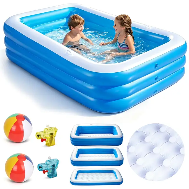 Piscine Gonflable Enfants, Pataugeoire Gonflable Rectangulaire avec 2 Ballons de Plage et 2 Mini-Pistolets à Eau, Piscine à Parois Épaissies pour Jardin, Extérieur et Fêtes d’Été (Bleu)