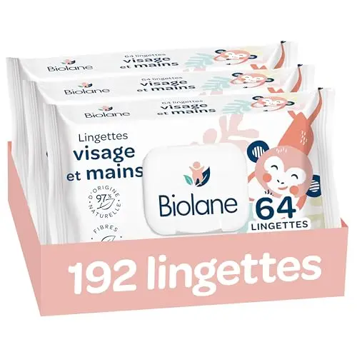 BIOLANE - Lingettes bébé visage et mains - Lot de 3 paquets - 192 Lingettes (3x64) - Nettoie et protège - Toilette - Peaux Sensibles - 97% d'ingrédients naturels