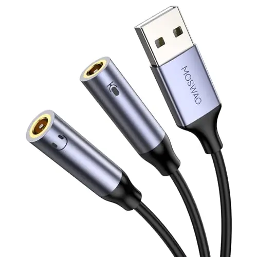 MOSWAG Carte Son Externe USB, Adaptateur Audio USB vers 2 Jacks 3.5mm Stéréo et Micro TRS 3 Pôle, Plug & Play pour Casque PC Ordinateur Portable, Enceinte, Compatible Windows, Mac, Linux, PS4, PS5