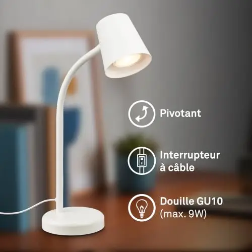 BRILONER - Lampe de chevet, lampe de bureau orientable, lampe de table GU10 pour bureau à domicile avec interrupteur à câble, blanc