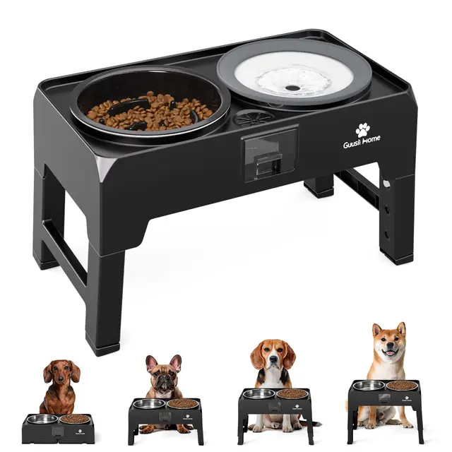 GUUSII HOME Gamelle Surélevée pour Grand Chien - Porte Bol Haute INOX - Bar à Gros Chien Moyen Chiot - Hauteur Réglable 43.5 * 24.4 * 12/25.7/29.7/33.7cm 2000ml